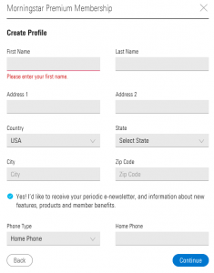 Morningstar Sign-up Page
