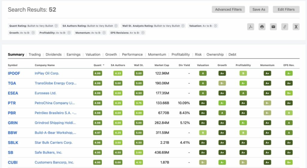 Seeking Alpha Review Stock Screener