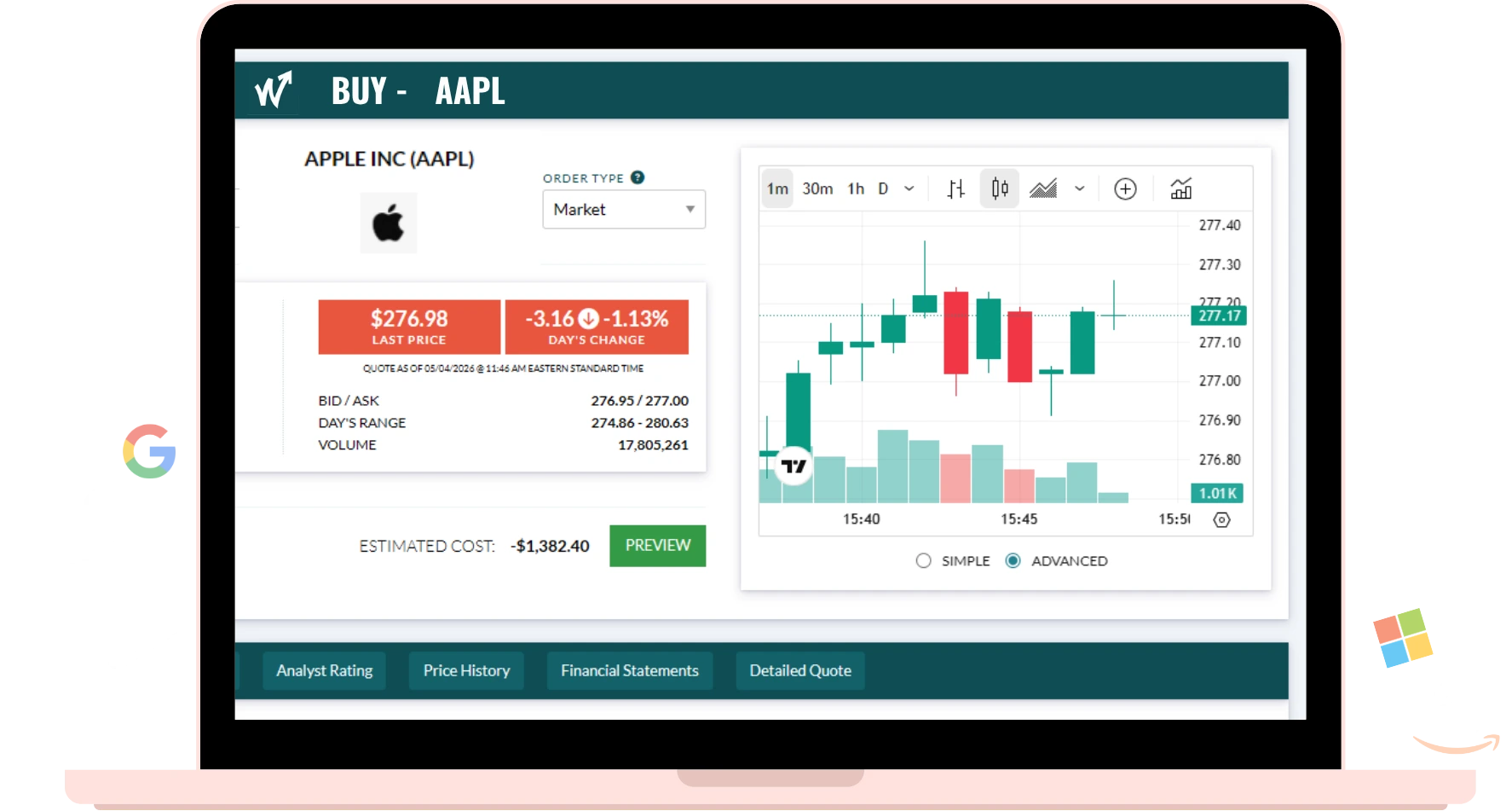 Wall Street Survivor day trading simulator on laptop