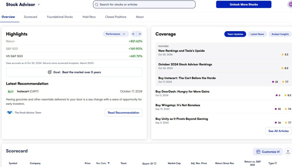 Motley Fool Stock Advisor dashboard as of October 2024