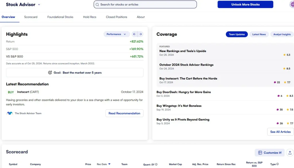 Motley Fool Stock Advisor Dashboard - October 2024