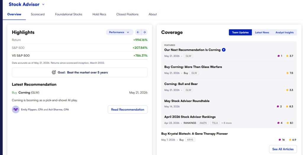 Motley Fool Stock Advisor dashboard, May 2026