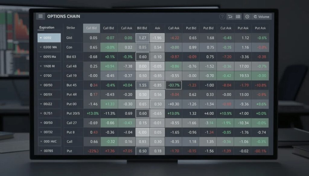 Detailed options chain featuring various strike prices, expiration dates, and bid-ask spreads