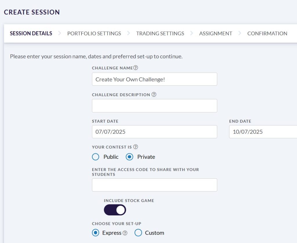 create your own free investing challenges