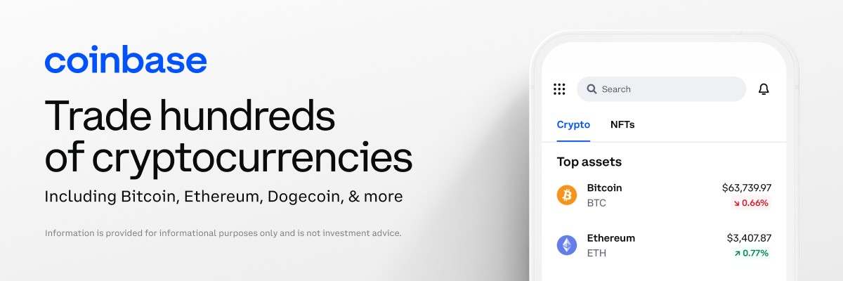 Coinbase banner showing the app and the line trade hundreds of cryptocurrencies
