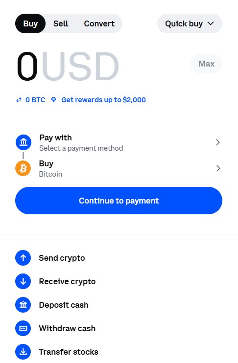 Coinbase Buy screen with the amount, Pay with and Buy Bitcoin selectors