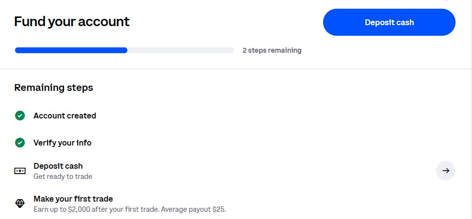 Coinbase new account checklist showing account created, info verified, deposit cash and first trade steps