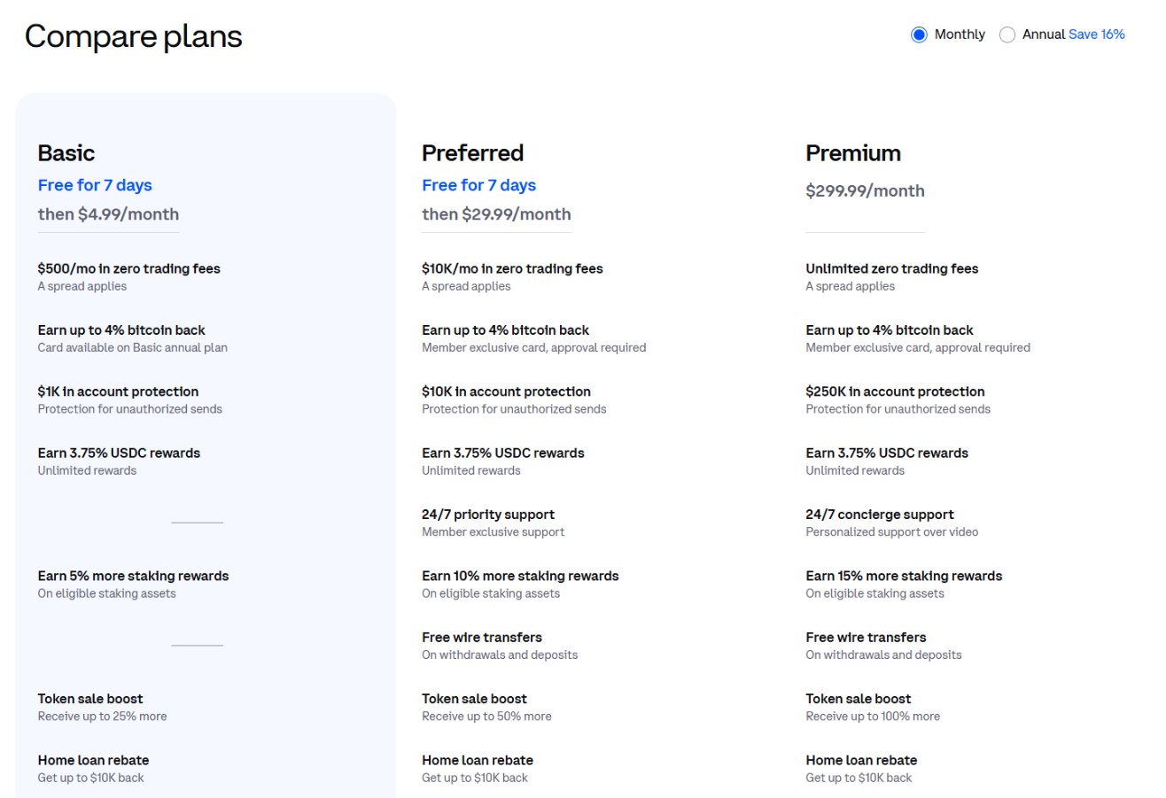 Coinbase One plan comparison showing Basic, Preferred and Premium tiers