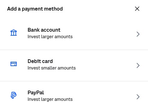 Coinbase add a payment method dialog with bank account, debit card and PayPal