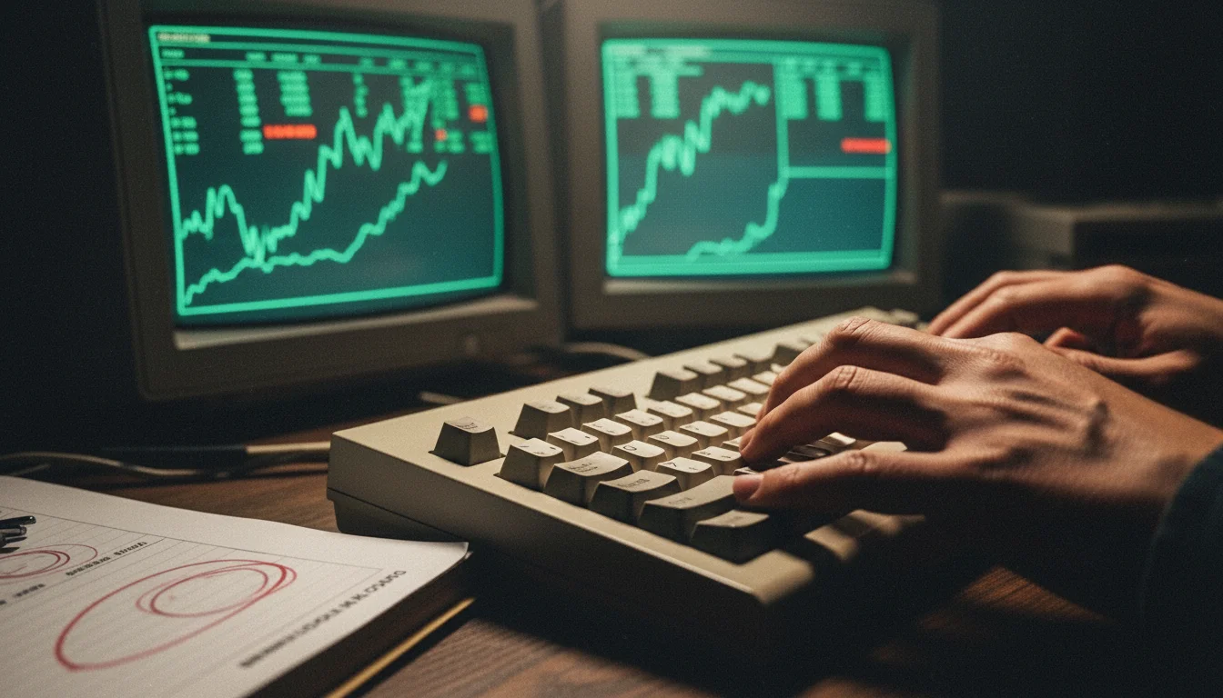 Wall Street Survivor founder reviewing financial pages and reports