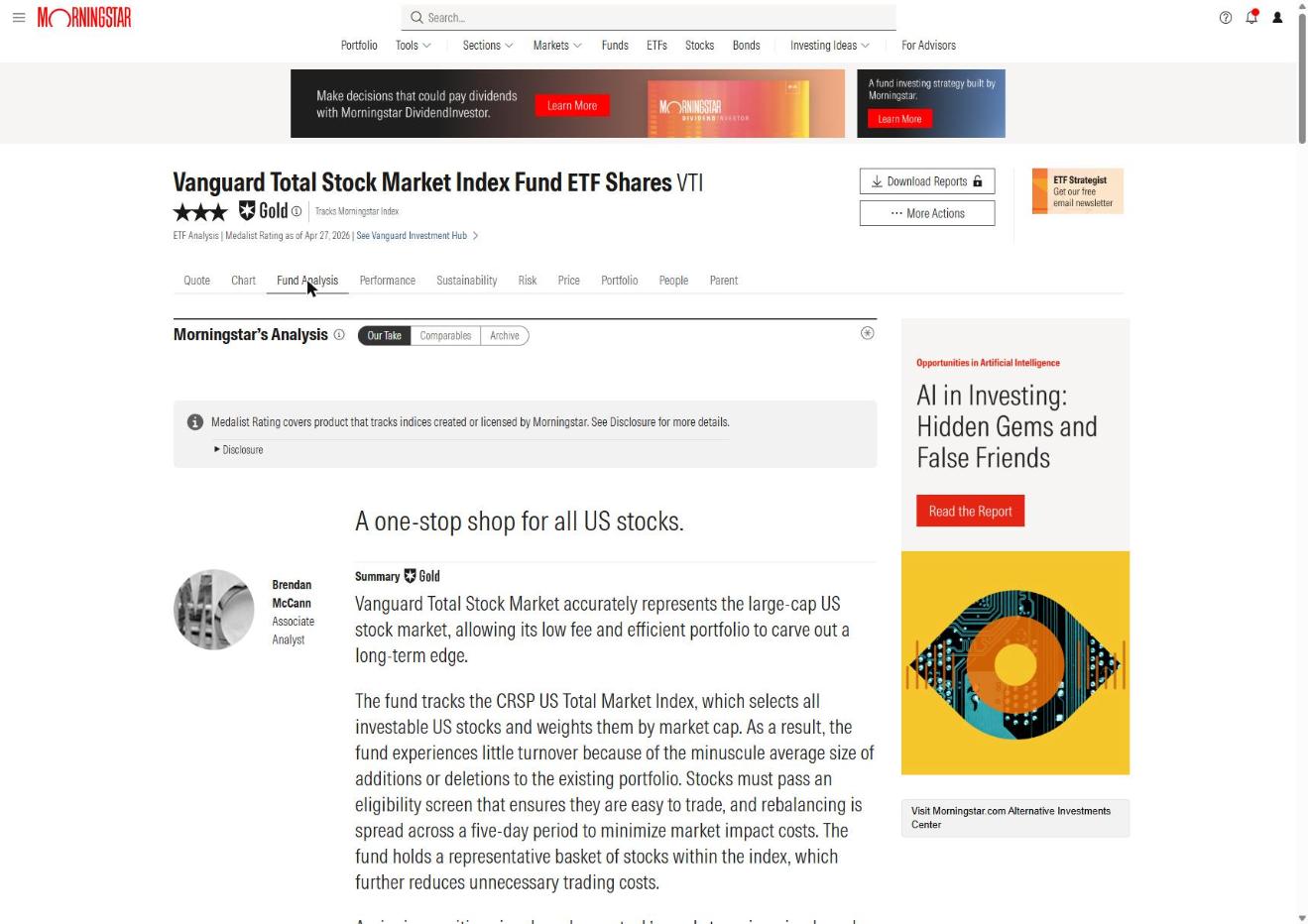 Morningstar fund analysis tab with the written analyst rationale behind the rating