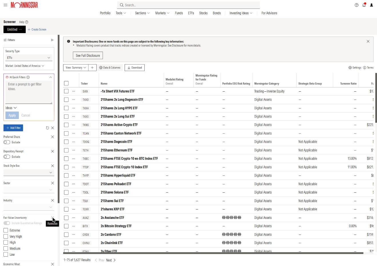 Morningstar ETF screener results listing Medalist Rating and category columns