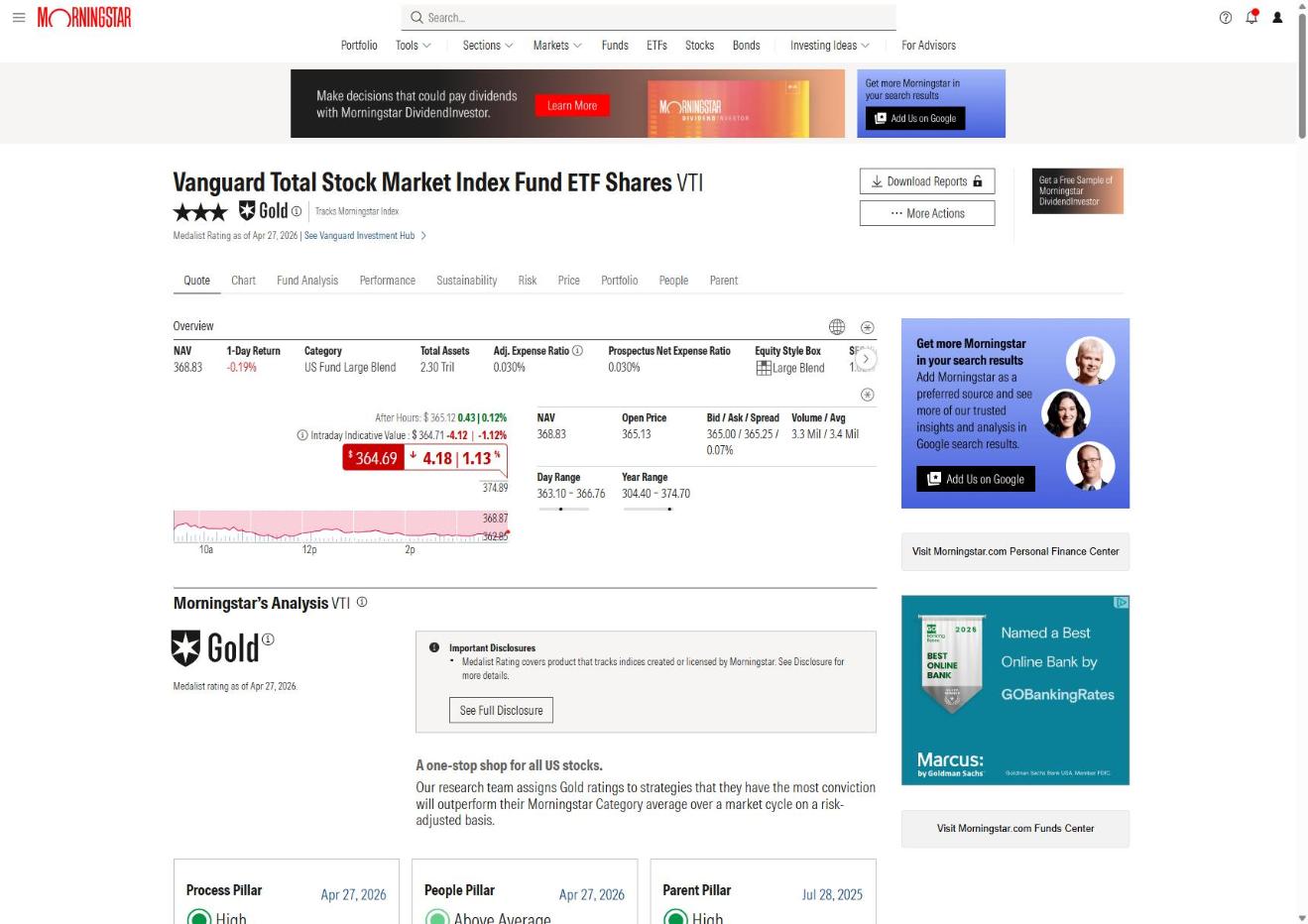 Morningstar ETF quote page showing a Medalist rating badge beside the pillar ratings
