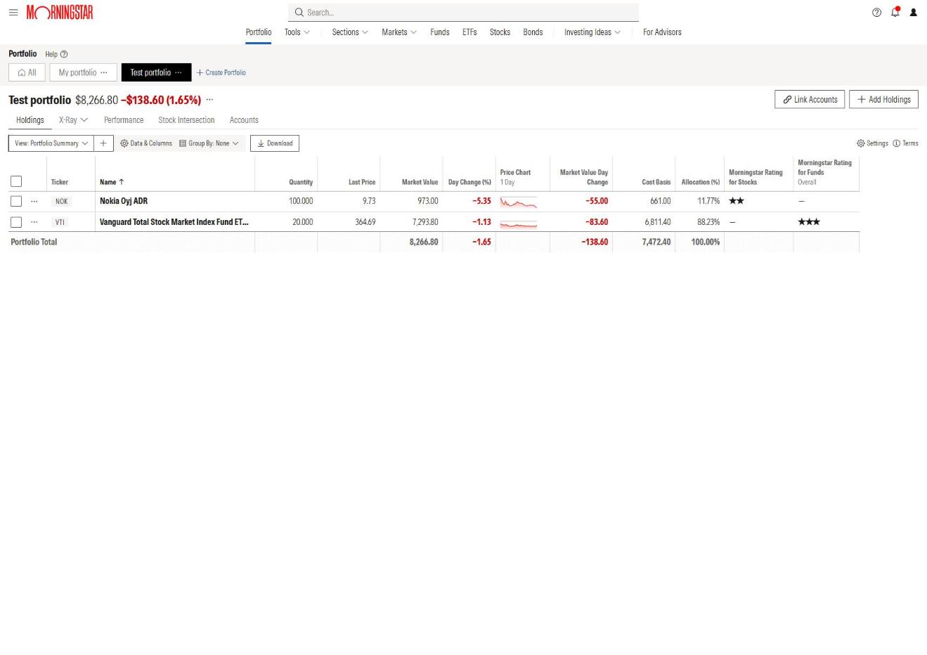 Morningstar Investor portfolio holdings table with Link Accounts and Add Holdings buttons