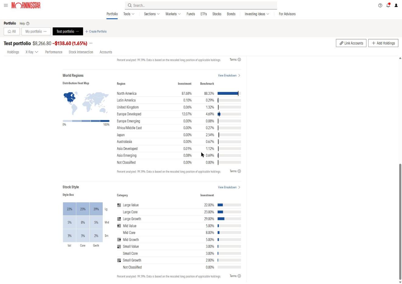 Morningstar X-Ray world regions heat map and stock style box for the same test portfolio