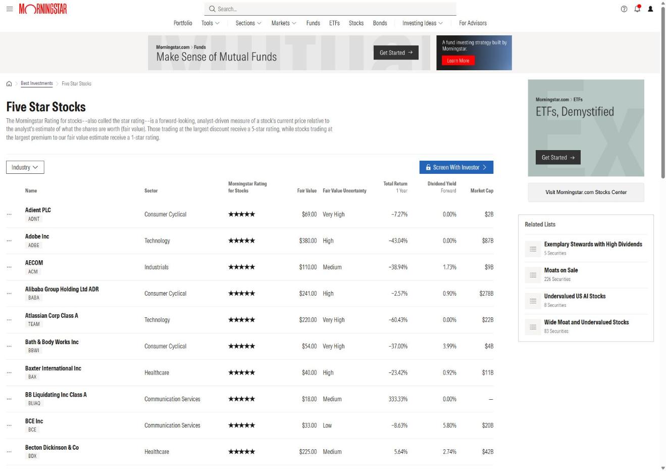 Morningstar Five Star Stocks list showing the star rating methodology for top-rated stocks