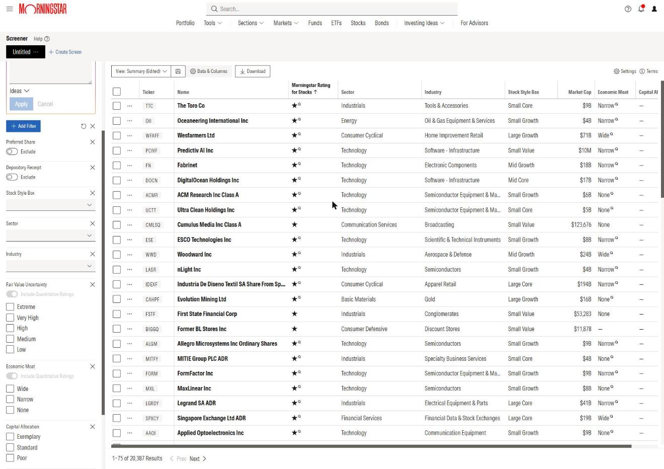 Morningstar stock screener results sorted by the Morningstar Rating for Stocks column