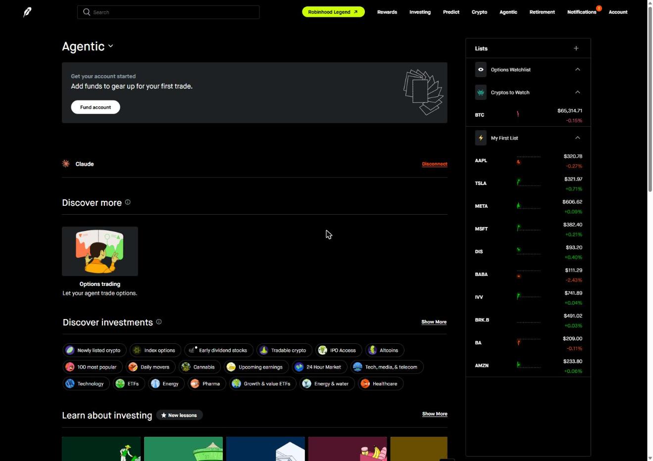 Agentic account home screen with a connected AI agent