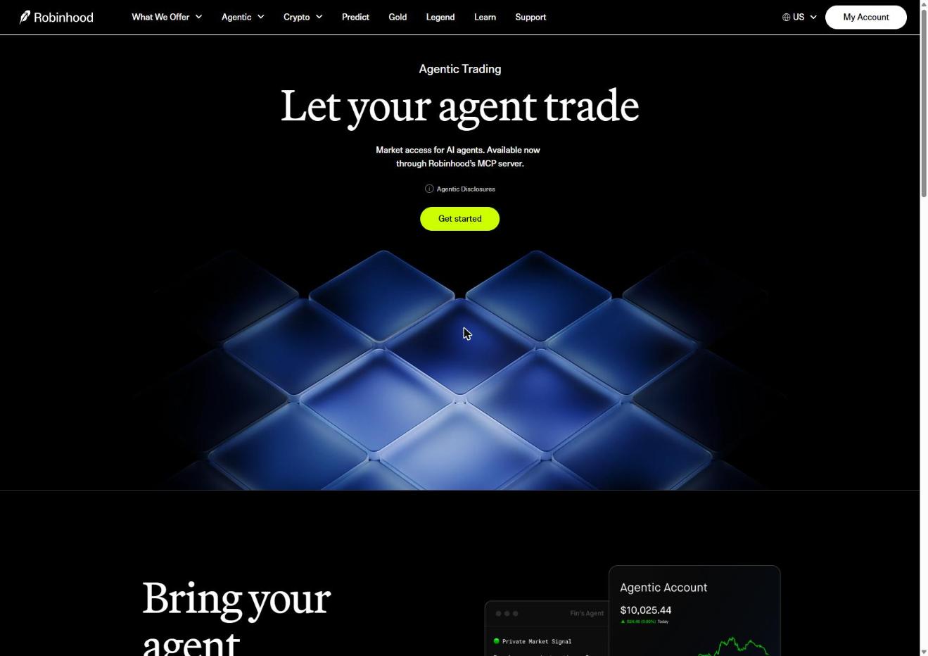 Robinhood's agentic account page showing MCP server setup
