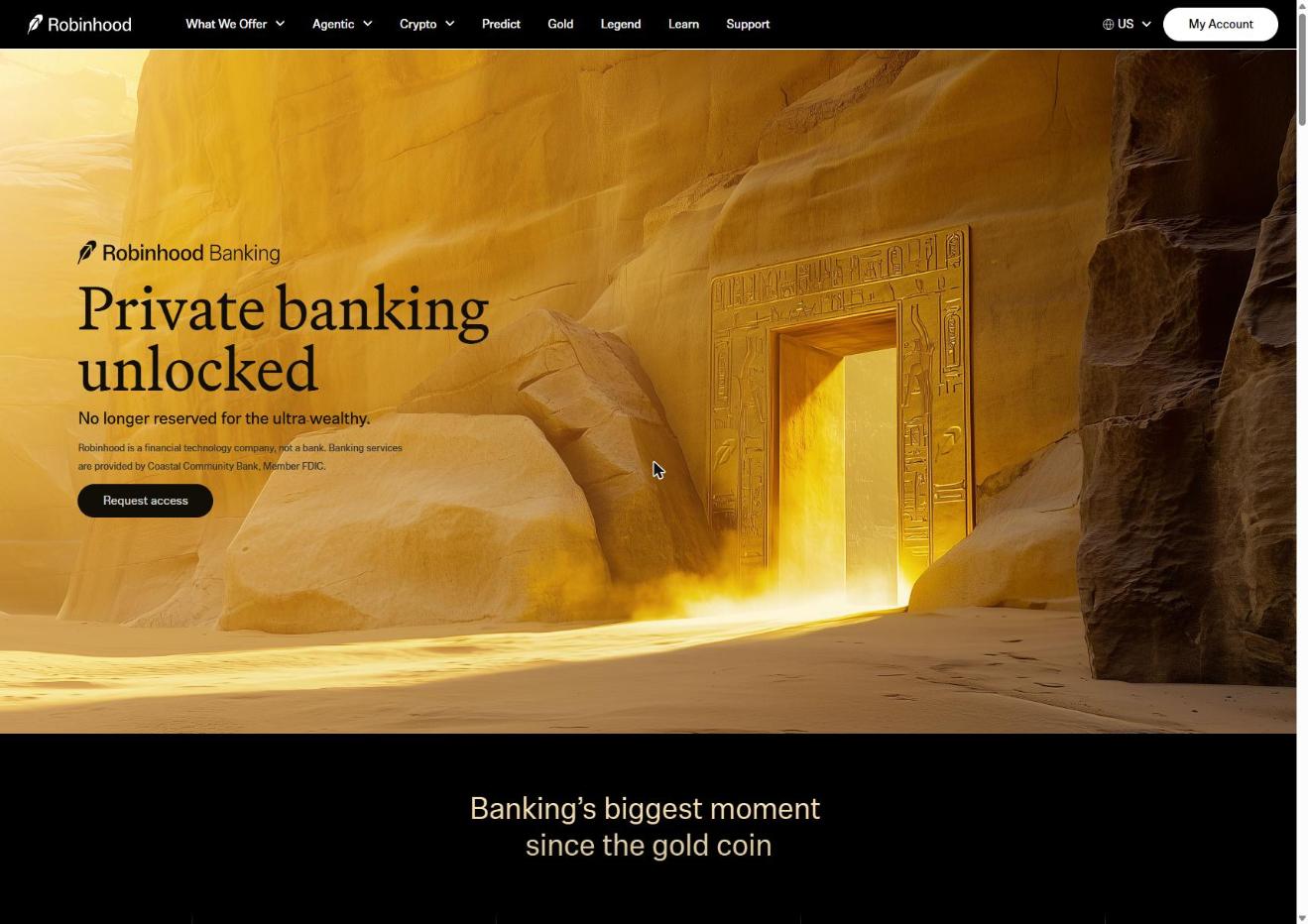 Robinhood Banking marketing page highlighting private banking features