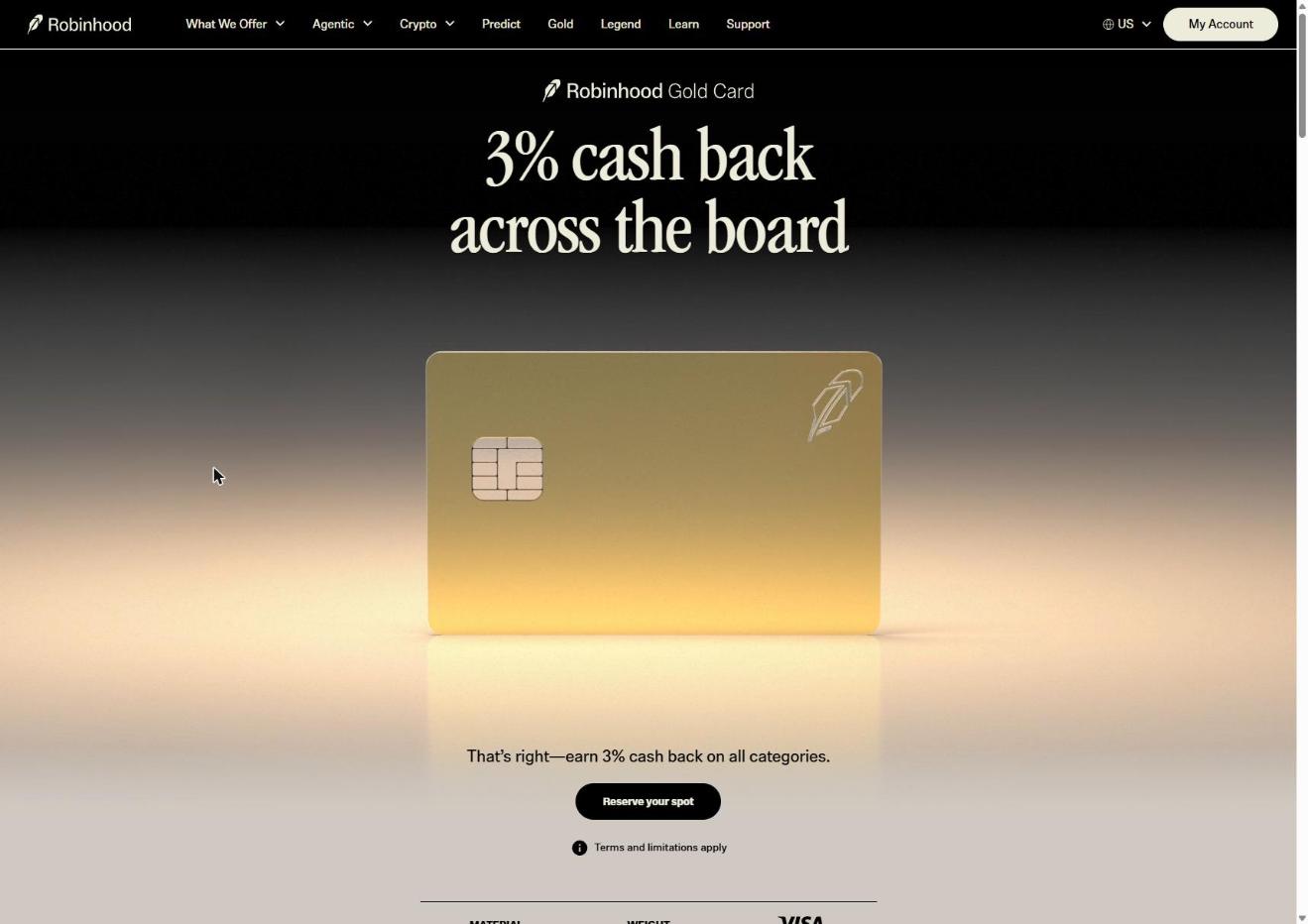 Robinhood Gold Card marketing page showing 3% cash back and card render