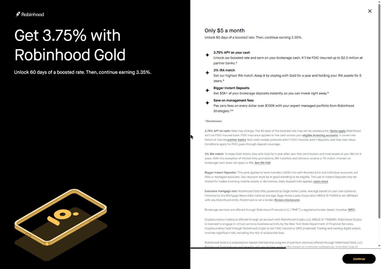 Robinhood Gold membership upsell screen showing APY, IRA match, and Instant Deposits perks