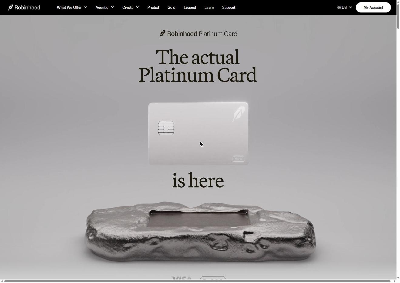 Robinhood Platinum Card marketing page showing the metal card render