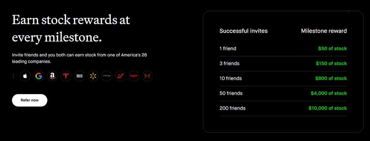 Robinhood milestone reward table running from one friend at $50 up to 200 friends at $10,000
