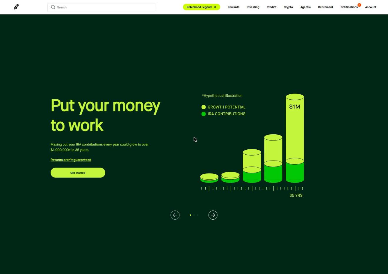 Robinhood retirement account screen showing projected IRA growth over time