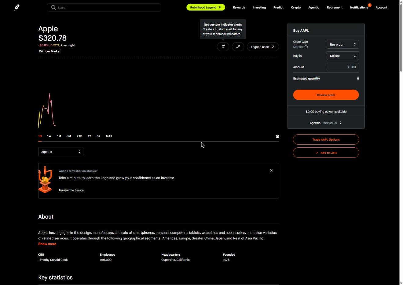 Robinhood stock quote and order screen showing how redeemed cash back can be invested