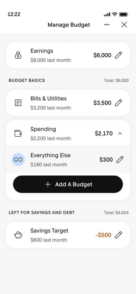 Rocket Money budgeting screen with custom category tracking