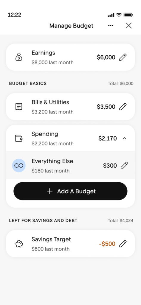 Rocket Money budgeting screen with custom category tracking