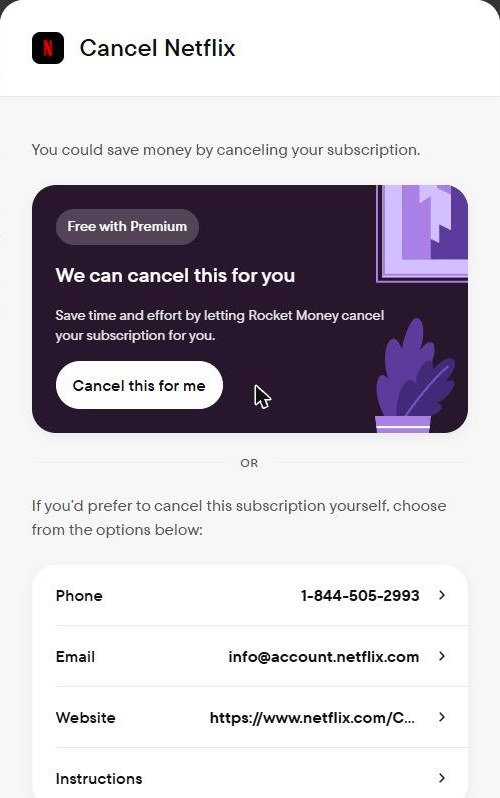 Rocket Money cancellation options for Netflix