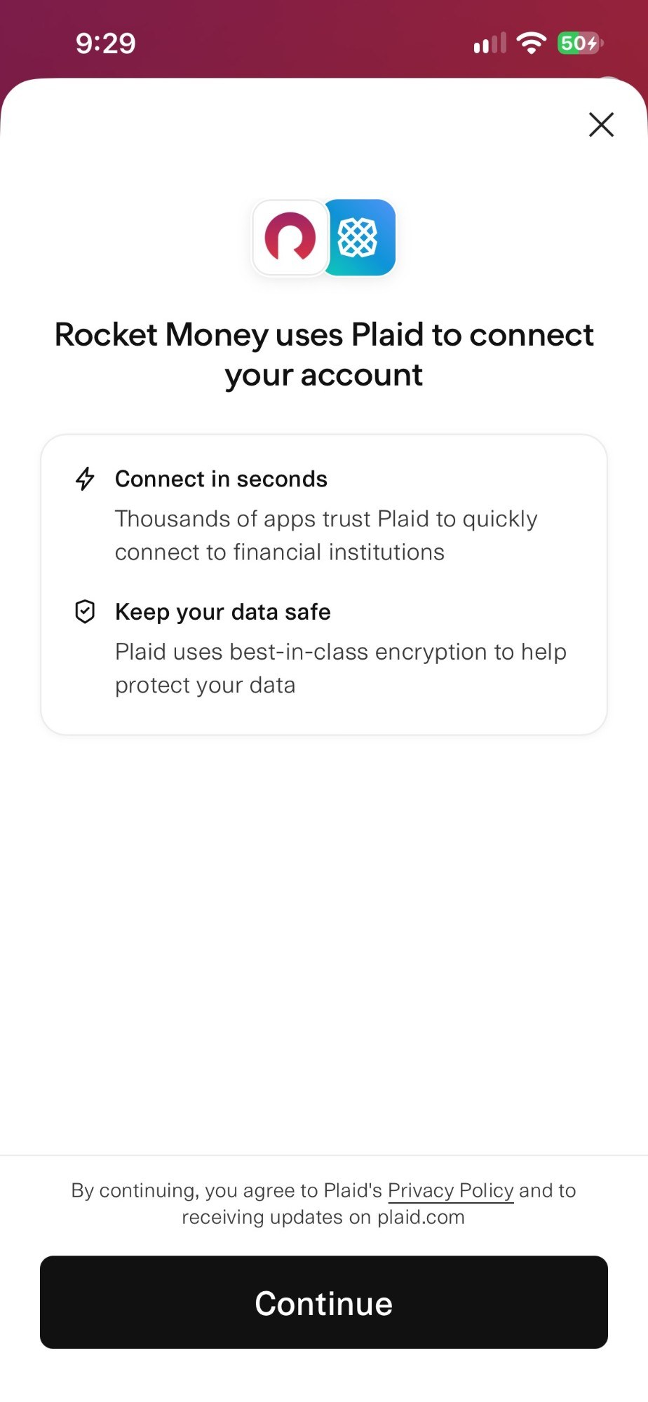 Plaid connection screen in the Rocket Money app