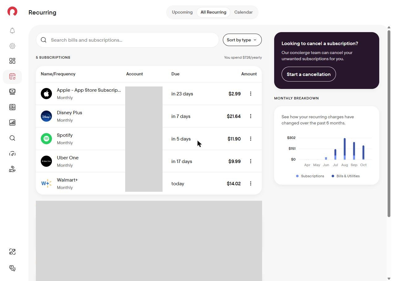 Rocket Money recurring charges list showing five subscriptions