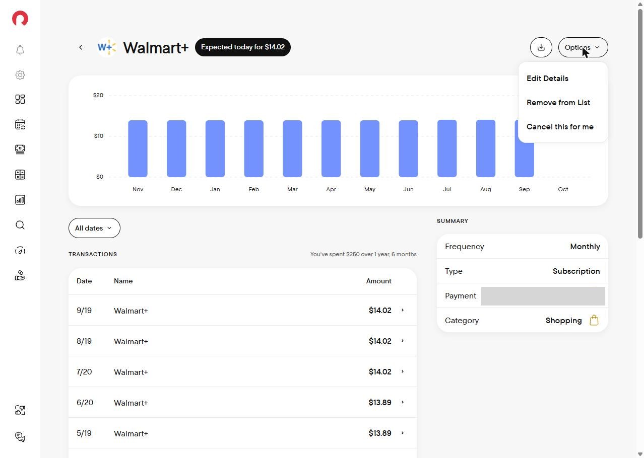 Rocket Money subscription detail with the cancel option