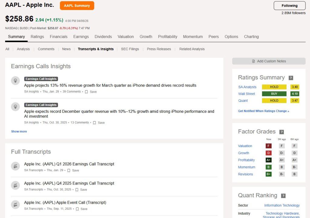 Seeking Alpha quote example and earnings transcript