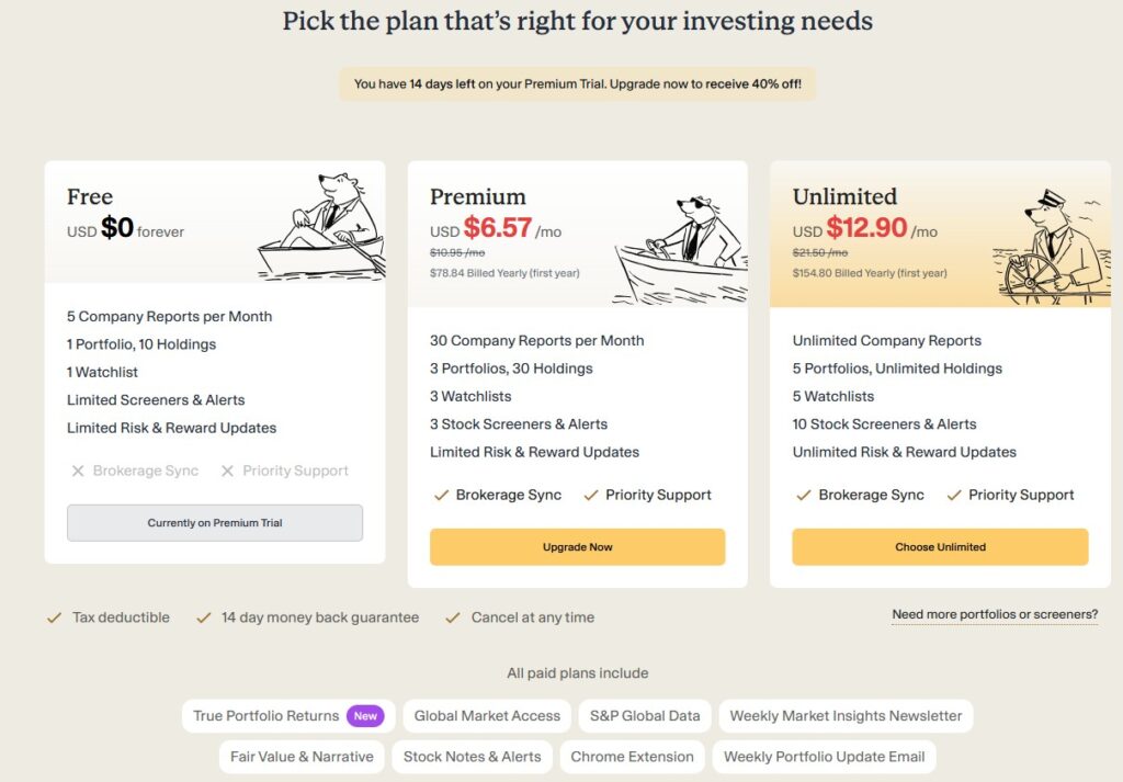 SimplyWall.St pricing matrix