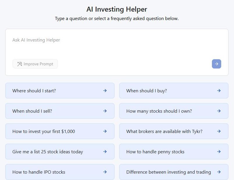 Tykr AI Investing Helper with suggested questions for beginners