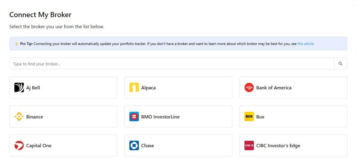 Tykr Connect My Broker page listing supported brokerages